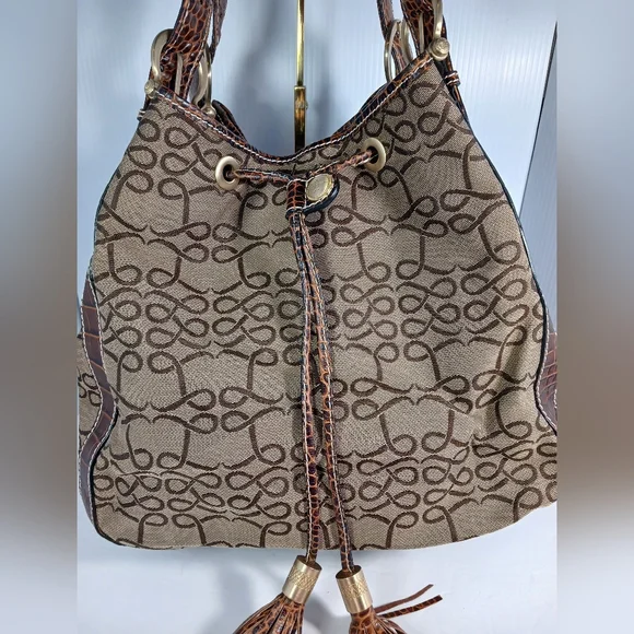 Lancel Canvas Monogram / leather brown crocodile bucket handbag - Picture 4 of 13